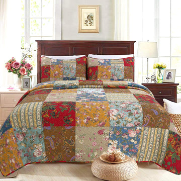 100% Cotton Hand Piecing Real Patchwork Floral Plaid Country Farmhouse Reversible Quilt Bedding Set Coverlet