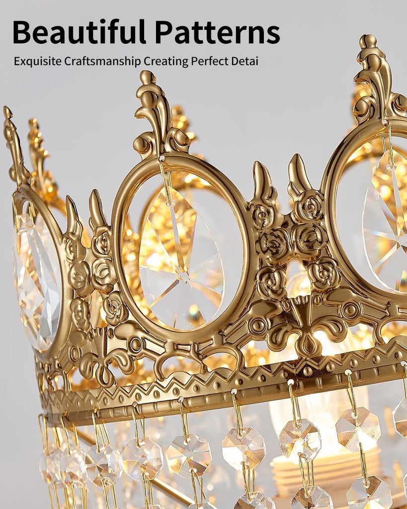 Vintage Gold Crown Shape Crystal Table Lamp, Small Bedside Nightstand Lamp