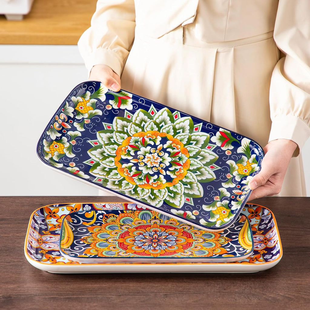 Serving Platters Set of 3, 16"/14"/12" In Rectangular Trays Boho | Ceramic Serving Dish for Entertaining Food