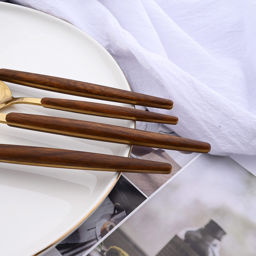 16-Piece Silverware Set with Cake Fork, Gold Stainless Steel Flatware Cutlery Set, Eating Utensils Set with Wooden