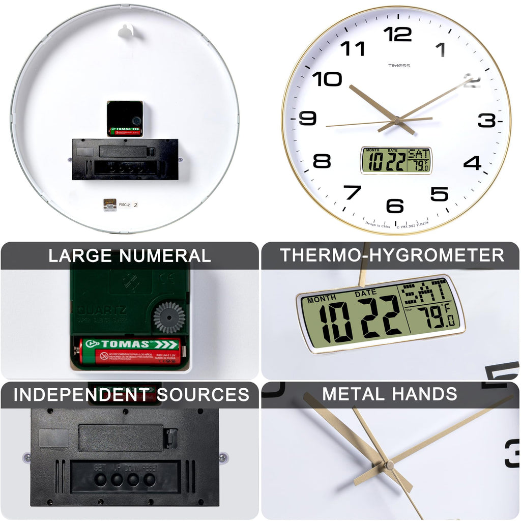 Wall Clock, 14" Large Dial Non-Ticking Silent Battery Operated Analog with LCD Display for Perpetual Calendar and F°