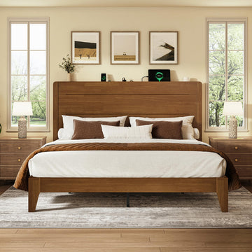 Queen Size Wood Platform Bed Frame with Mid-Century Modern Tall Headboard & Charging Station, Built-in Headboard