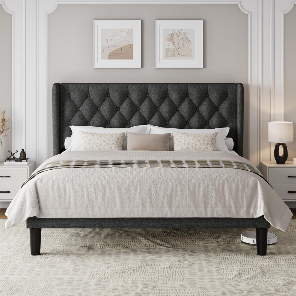 King Size Platform Bed Frame with Upholstered Wingback Headboard, 12" Under Bed Space, Wooden & Metal Slats Support