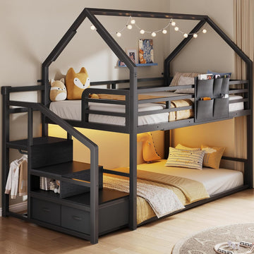 Metal Bunk Bed Twin Over Twin with Storage Staircase, Clothes Rack, LED Twin Bunk Beds for Kids with 2 Storage Drawers
