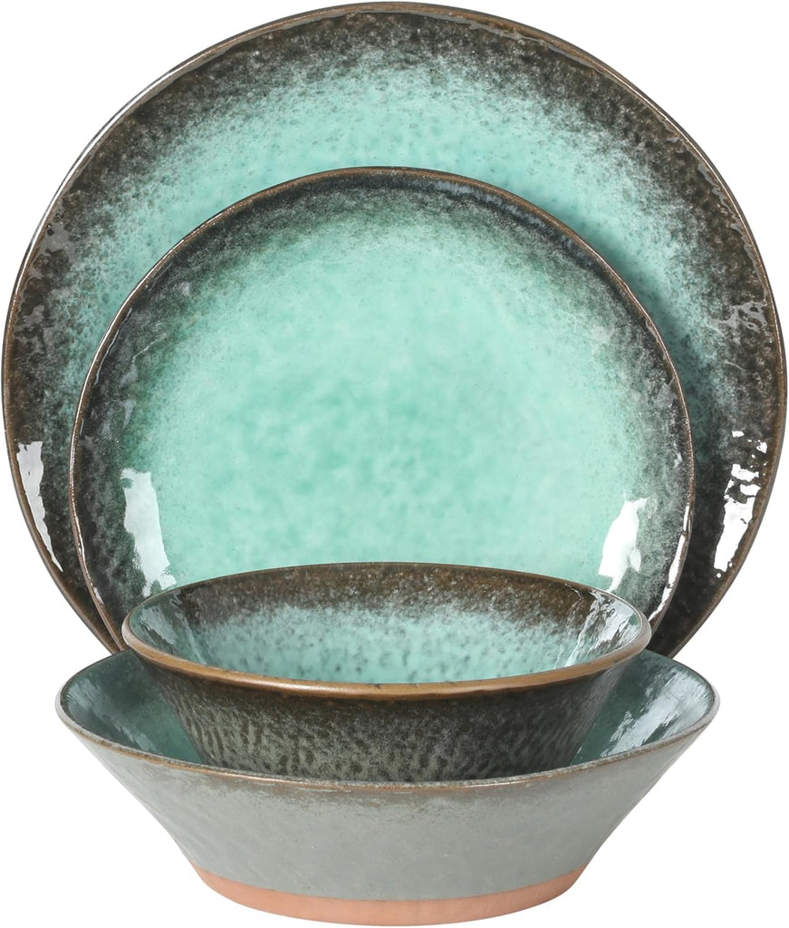 Green Lantern Service for 4 (16 Piece) Double Bowl Dinnerware Set, Teal, Soft Gray, Dinnerware Set