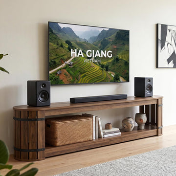 82.68 Inch TV Stand for TVs up to 90 Inch, Long TV Console Table | 2-Tier Storage Media Entertainment Center for Living Room, Entertainment Room, Vintage Barrel Style, Rustic Brown