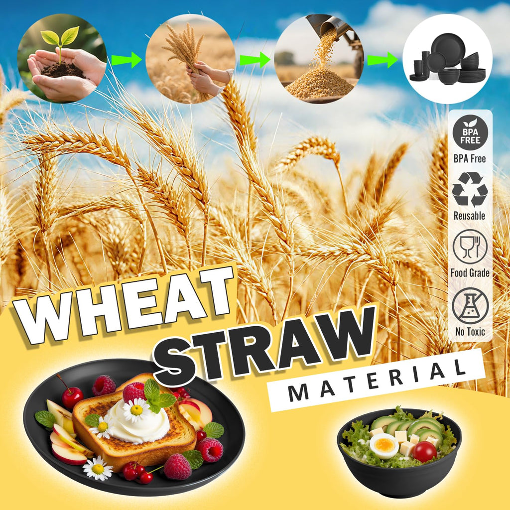 Wheat Straw Dinnerware Sets for 8, 32 PCS Unbreakable Plates and Bowls Sets, Reusable Dinnerware Set Outdoor and