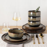 Ceramic Dinnerware Sets for 4, 12 Pieces Handmade Reactive Glaze Plates and Bowls Set, Scratch Resistant Dish Set