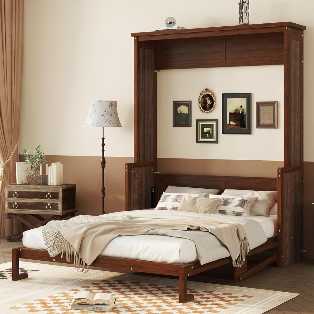 Queen Wood Murphy Bed, Space-Saving Hidden Wall Bed with Desk and Gas Struts, No Box Spring Needed, Walnut