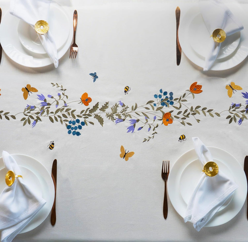 Embroidered Cotton Tablecloth 60 x 90 Inch Rectangle - Washable & Colorfast Table Cover, Farmhouse, 