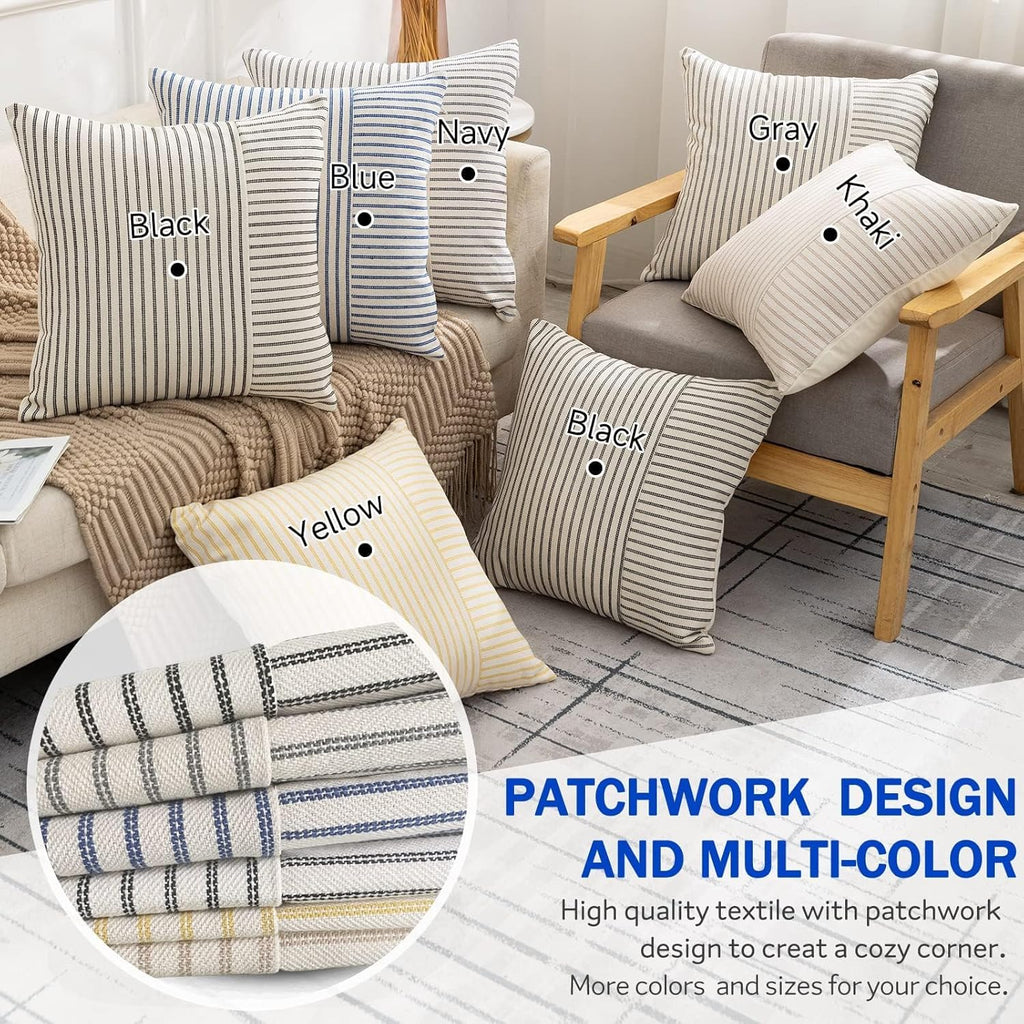 Farmhouse Pillow Covers 18x18, Modern Accent Square Throw Pillow Covers Set of 2, Gray and Beige Striped Patchwork