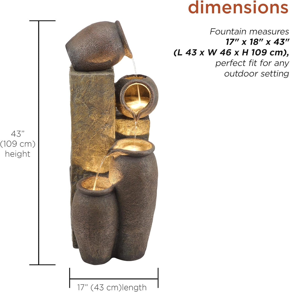 43" Tall Indoor Outdoor Pottery Fountain with Replaceable LED Lights, Water Feature Decor, Brown
