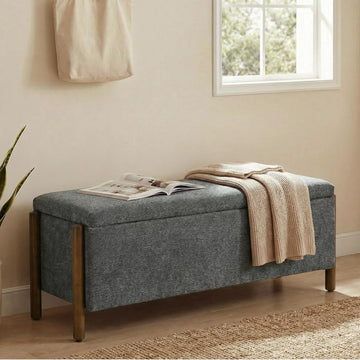 Wooden Storage Ottoman Bench, 47" Fabric Upholstered End of Storage Bench with Rubberwood Legs, Entryway Bench with