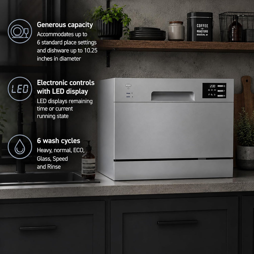 SD-2225DS Countertop Dishwasher with Delay Start & LED, Silver, Silver