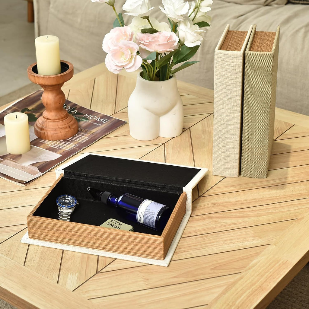 Modern Linen and Wood Decorative Faux Book Boxes Set of 3,10", Taupe,Beige,Off White