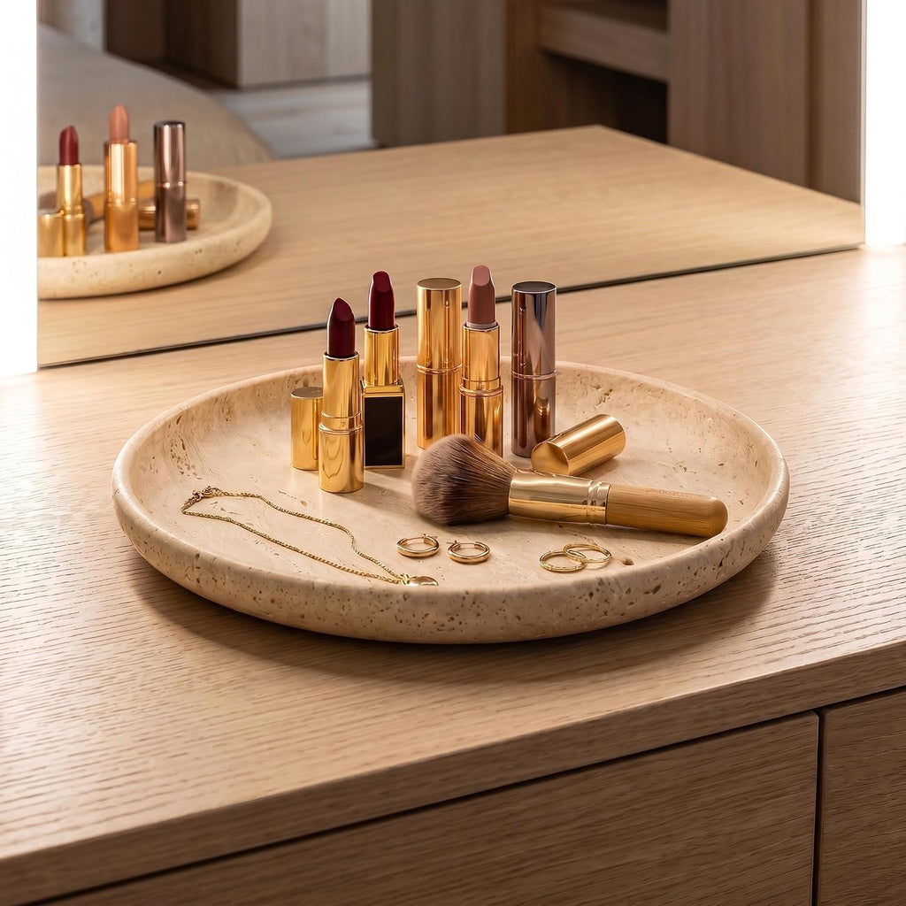 Beige Travertine Round Marble Tray, 10" Deep Dish Vanity Organizer | Honed natural stone bowl, high rim; holds