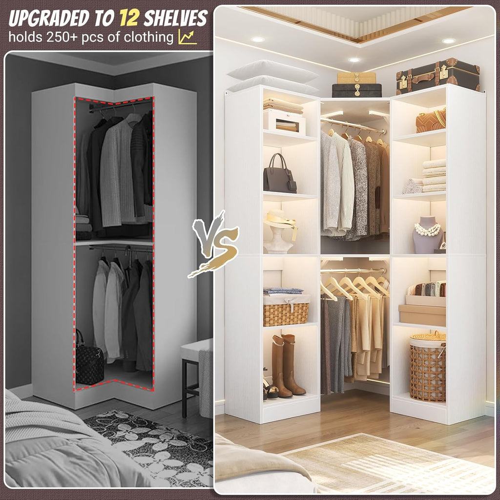 Corner Closet System with 12 Shelves, 39.2" Corner Closet Organizer | Corner Closet Tower with 2 Hanging Rods