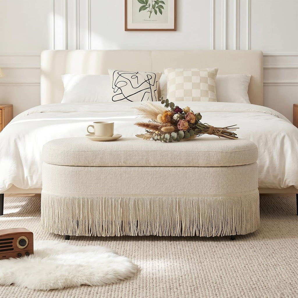 39.4" Boho Storage Ottoman Bench with Tassels,Upholstered End of Bed Bench | Linen Oval Ottoman with Storage