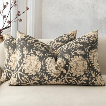 Vintage Floral Print Throw Pillow Covers 12x20 Set of 2 Neutral Modern Farmhouse Pillow Cases Accent Decorative
