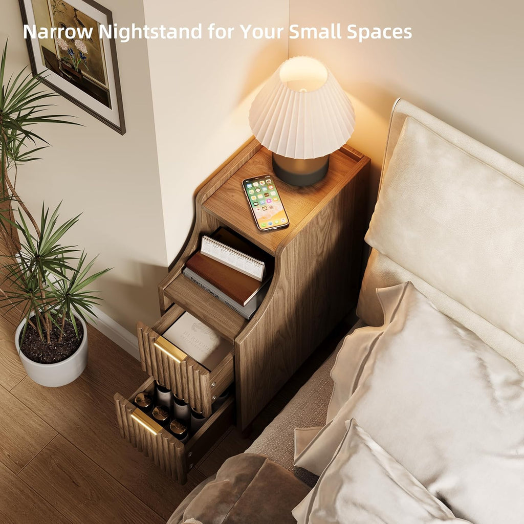 Fluted Nightstands Set of 2,Narrow Bedside Table with 2 Drawers & Storage, Farmhouse Walnut End Table Modern Side