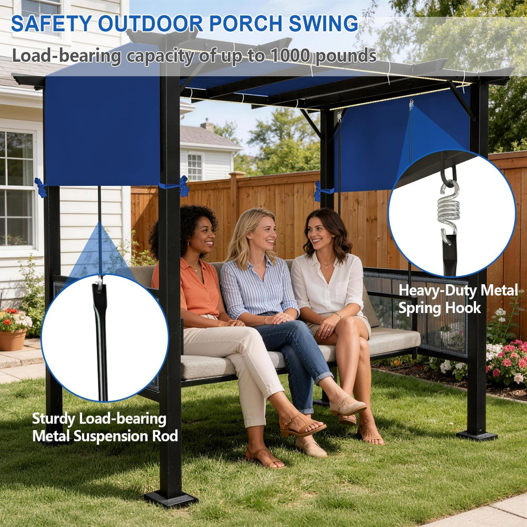2 in 1 Porch Swing with Adjustable Canopy & LED Lights, 1,000 lb Heavy-Duty 3-Seat Swing Bed with Stand, 65-Inch