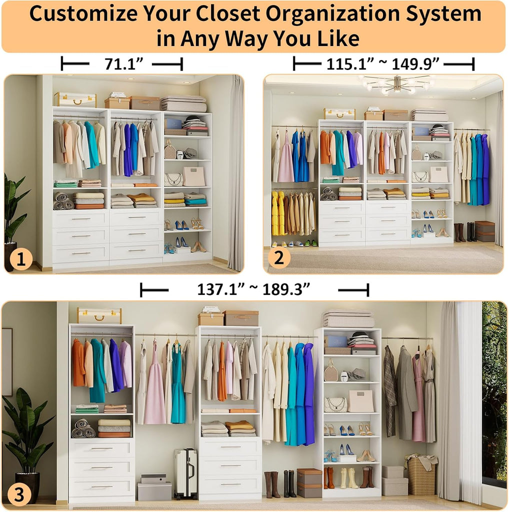 Closet System with 3 Sets, 6-15.8FT Custom Closet Organizer System with 6 Drawers & 8 Shelves & 5 Hanging Rods, Max