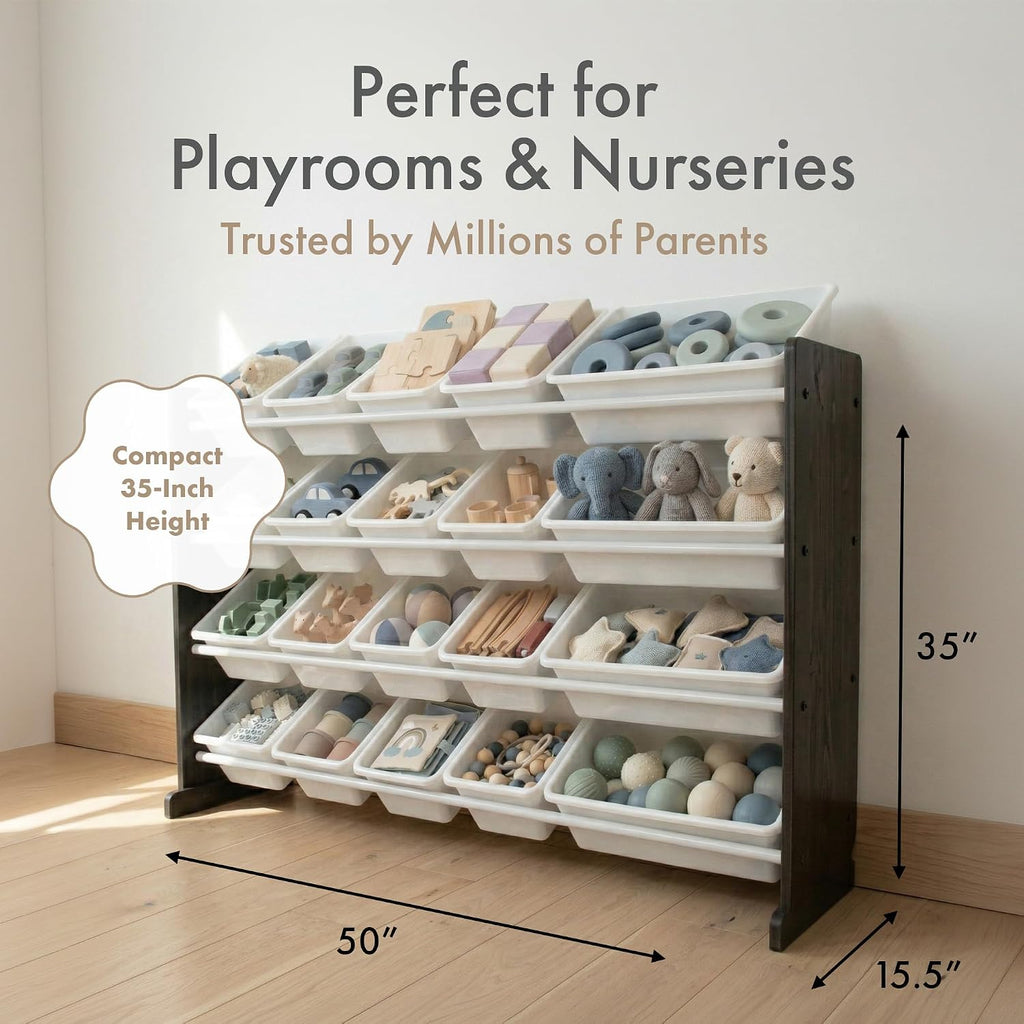 Kids Toy Organizer with 20 Bins, 4 Tier Storage | Sturdy wood and steel toddler shelf, removable BPA-free containers