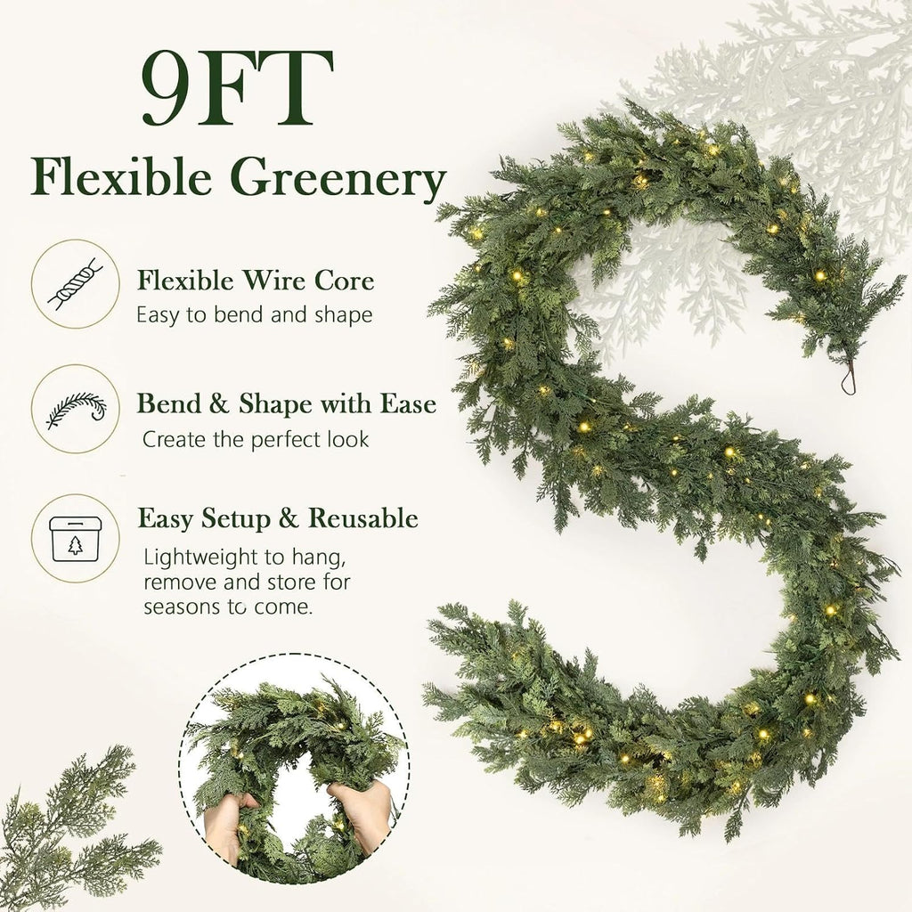 Pre-Lit Christmas Garland 9FT Decorations Real Touch Cedar Cypress Pine Greenery Artificial Green Christmas Garland - Set of 9