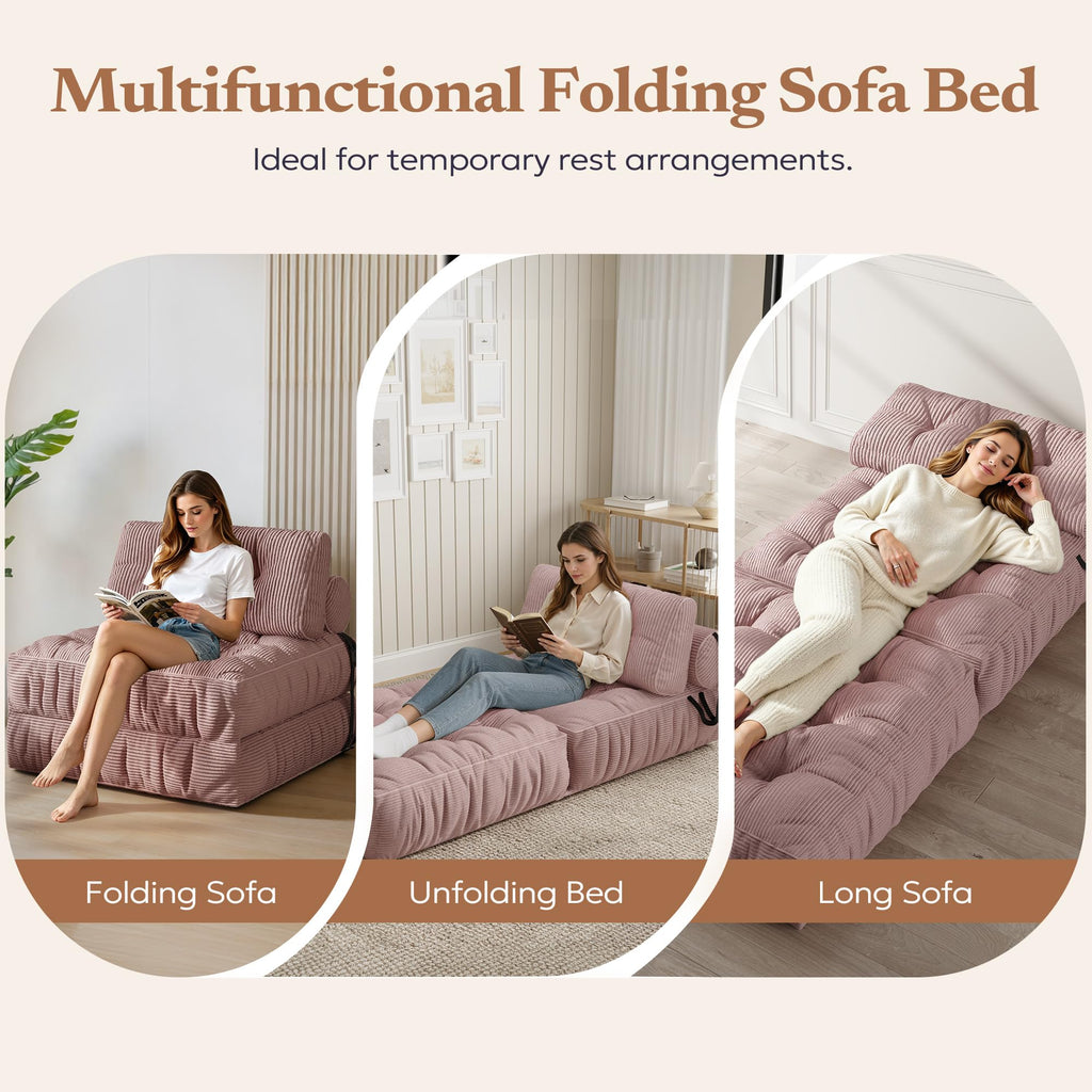 Convertible Folding Sofa Bed Chair, Foldable Soft Foam Couch, Pink