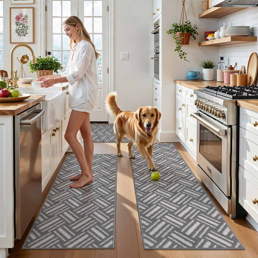 3-Piece Kitchen Rug Set Basketweave Geometric Floor Mats