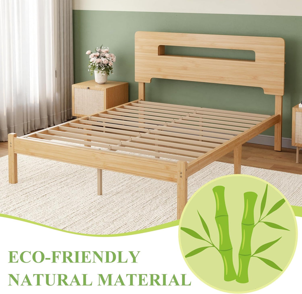Solid Bamboo Wood Queen Bed Frame with Storage Headboard, 14 inch Platform Bed Frame Queen No Box Spring Needed with Steel Slats, Sturdy and Stable, Easy Assembly, Noise Free