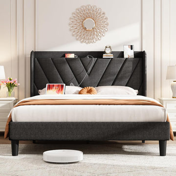 Queen Bed Frame with Headboard, Adjustable Upholstered Platform Bed Frame with Type-C&USB Ports