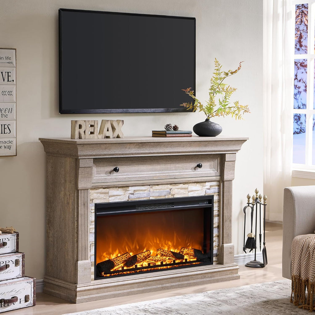 OKD 52" Farmhouse Electric Fireplace TV Stand with Mantel & Cabinet