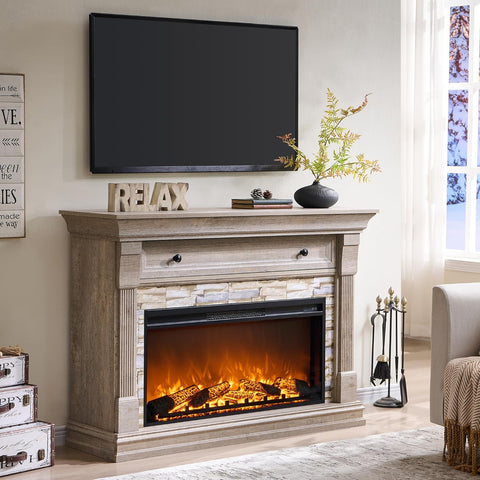 OKD 52" Farmhouse Electric Fireplace TV Stand with Mantel & Cabinet