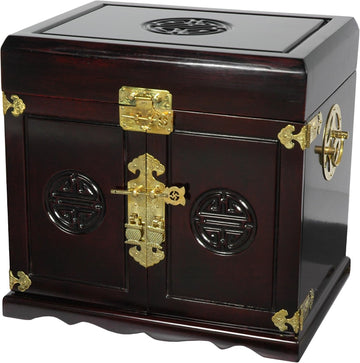 Rosewood Stain Oriental Jewelry Box with Five Drawers