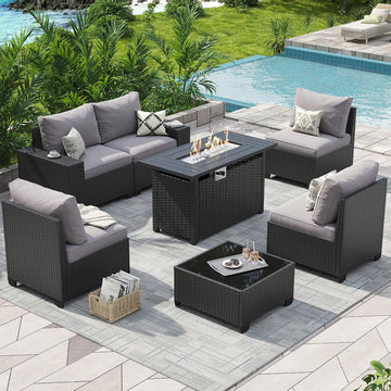 Outdoor Patio Furniture Set with 44'' Fire Pit Table, 7 Pcs Outdoor Sectional with 4in Thicken Cushion, Widen