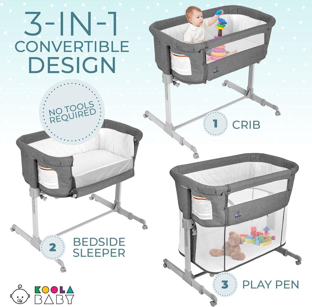 3 in 1 Baby Bassinet, Bedside Sleeper, & Playpen, Easy Folding Portable Crib (Grey)- (Bassinet)