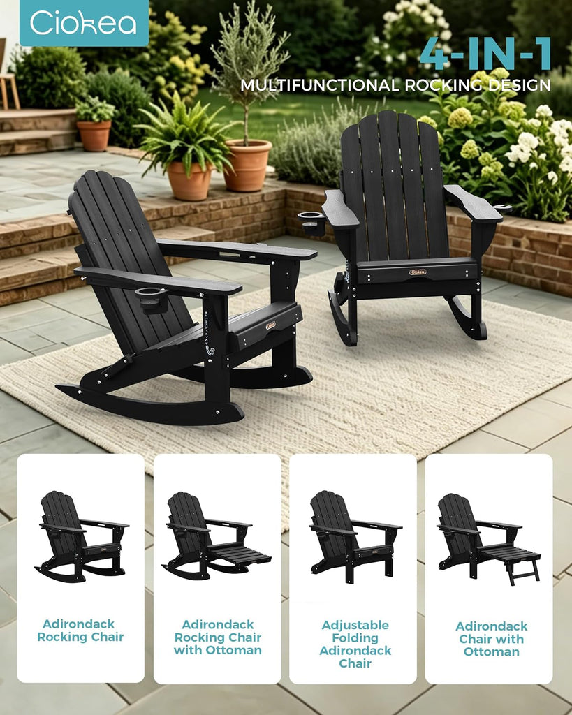 Folding Adirondack Rocking Chairs Set of 2 with Retractable Ottoman, 4-in-1 Outdoor Adjustable Adirondack Chair with