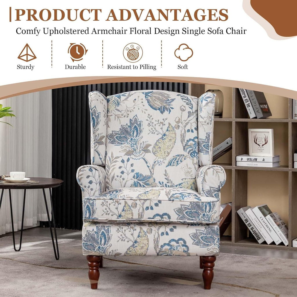 Wingback Chair & Floral Accent Chair | Occasional Side Chair Arms and High Back, Ticken Seat Cushion|Fabric