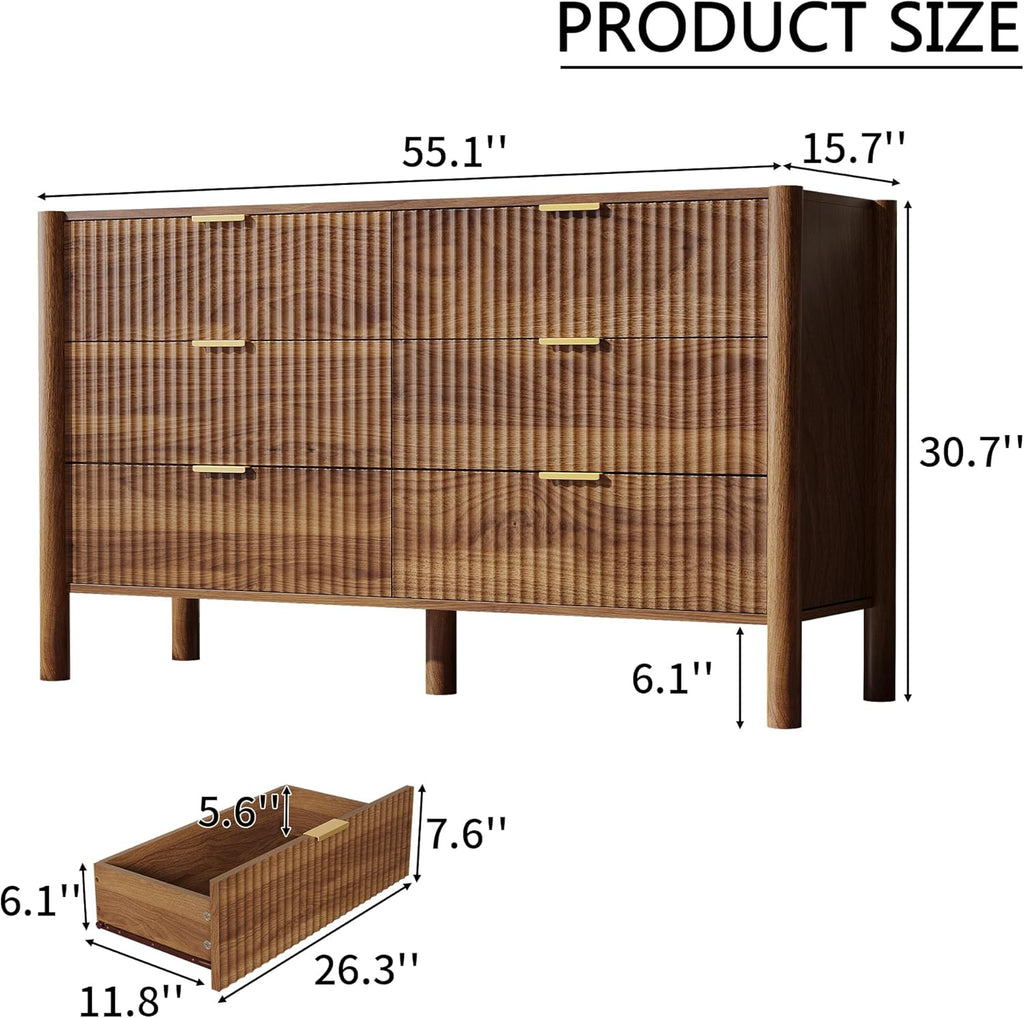 55" Wide 6-Drawer Fluted Dresser , Mid-Century Modern Chest with Solid Wood Legs, Large Storage Organizer,Metal