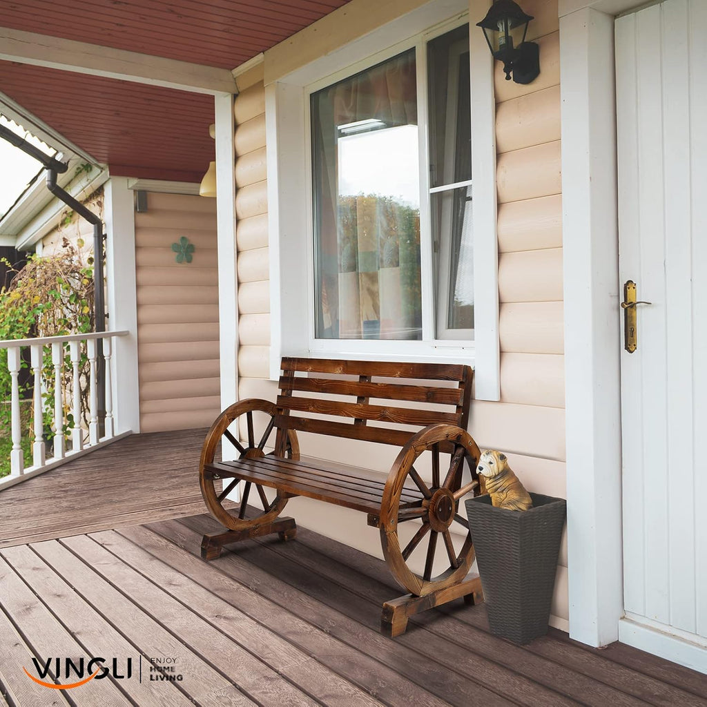 Rustic Wooden Wheel Bench Outdoor Bench, Patio Bench Wagon Slatted Seat, Garden Benches for Outdoors 350lbs High
