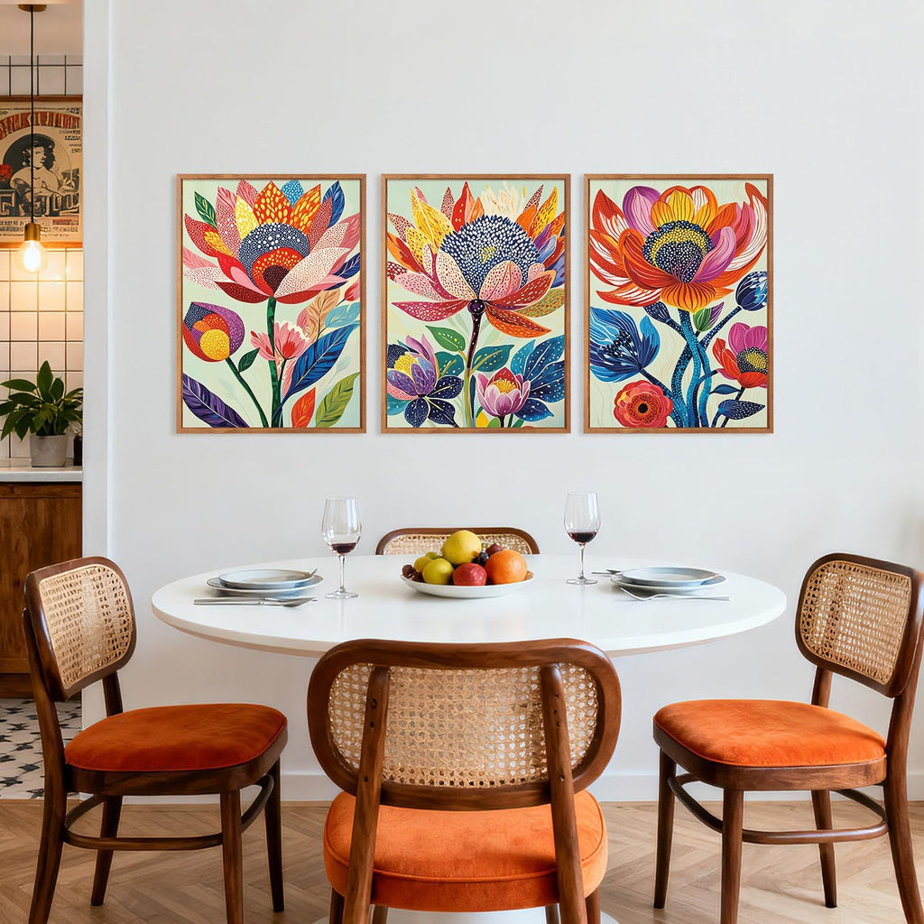 Abstract Botanical Floral Framed Canvas Wall Art Set,(Set of 3,12X16 Inch) Colorful Dot Art Modern Flower Wall
