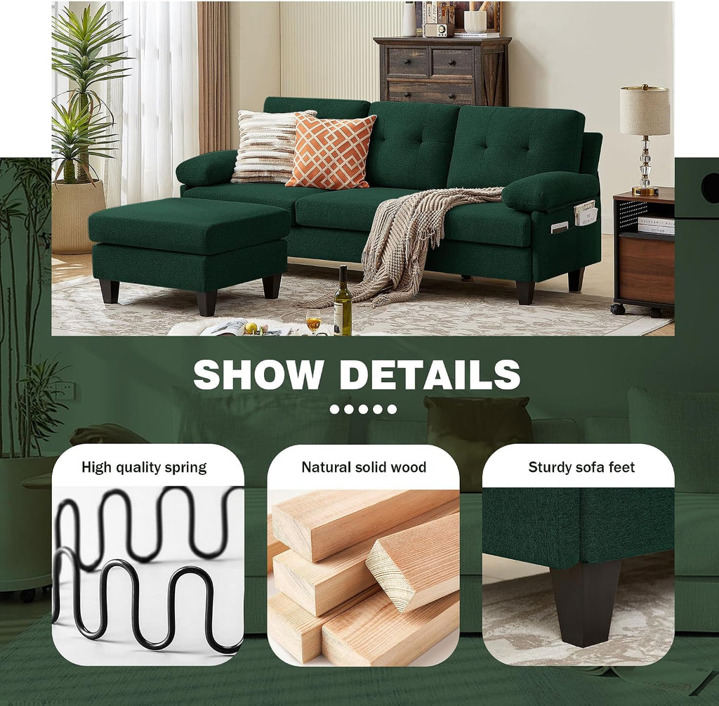 86" Convertible Sectional Sofa, Deep 3-Seat L Shaped Couch with Ottoman and Storage Pocket