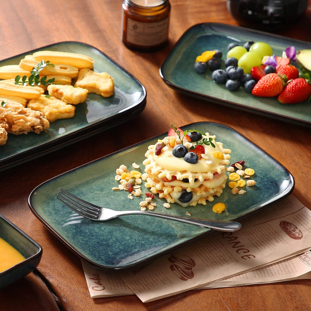 Stern Serving Platters Set of 4, 11 Inches Rectangular Ceramic Serving Plates, Green Serving Trays for Entertaining
