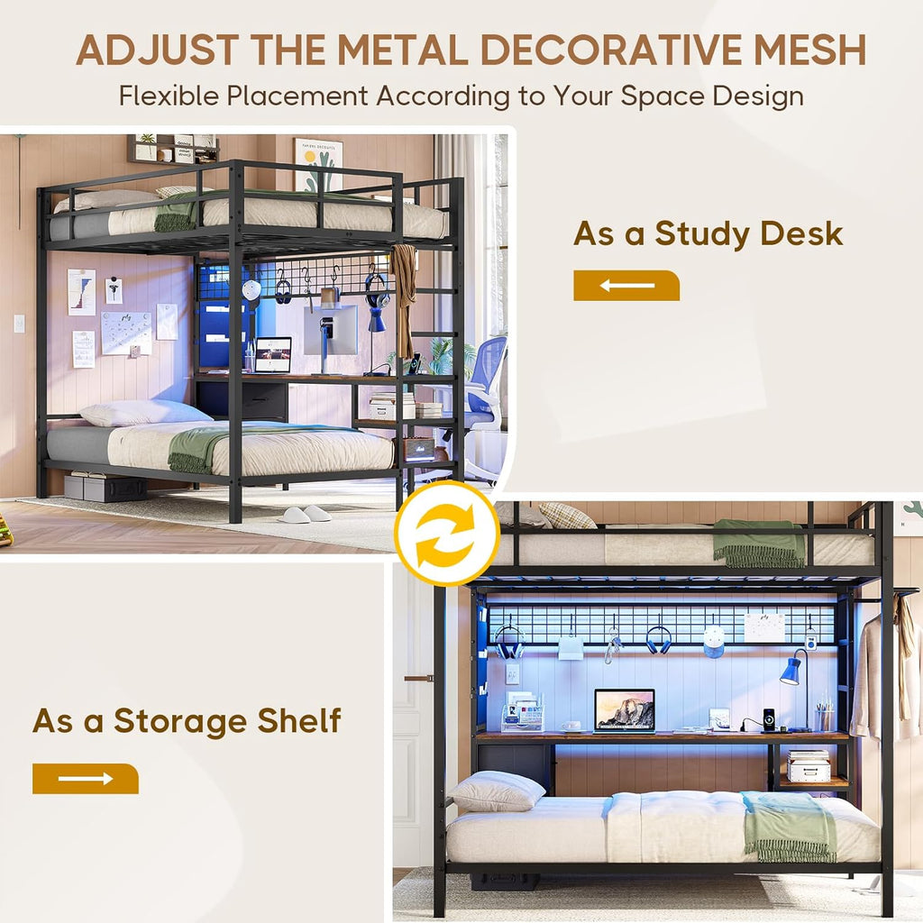 Full Over Twin Bunk Bed with Desk and Charging Station Metal Full Over Twin Bunk Bed with Led Lights,Storage Shelves