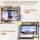 Full Over Twin Bunk Bed with Desk and Charging Station Metal Full Over Twin Bunk Bed with Led Lights,Storage Shelves