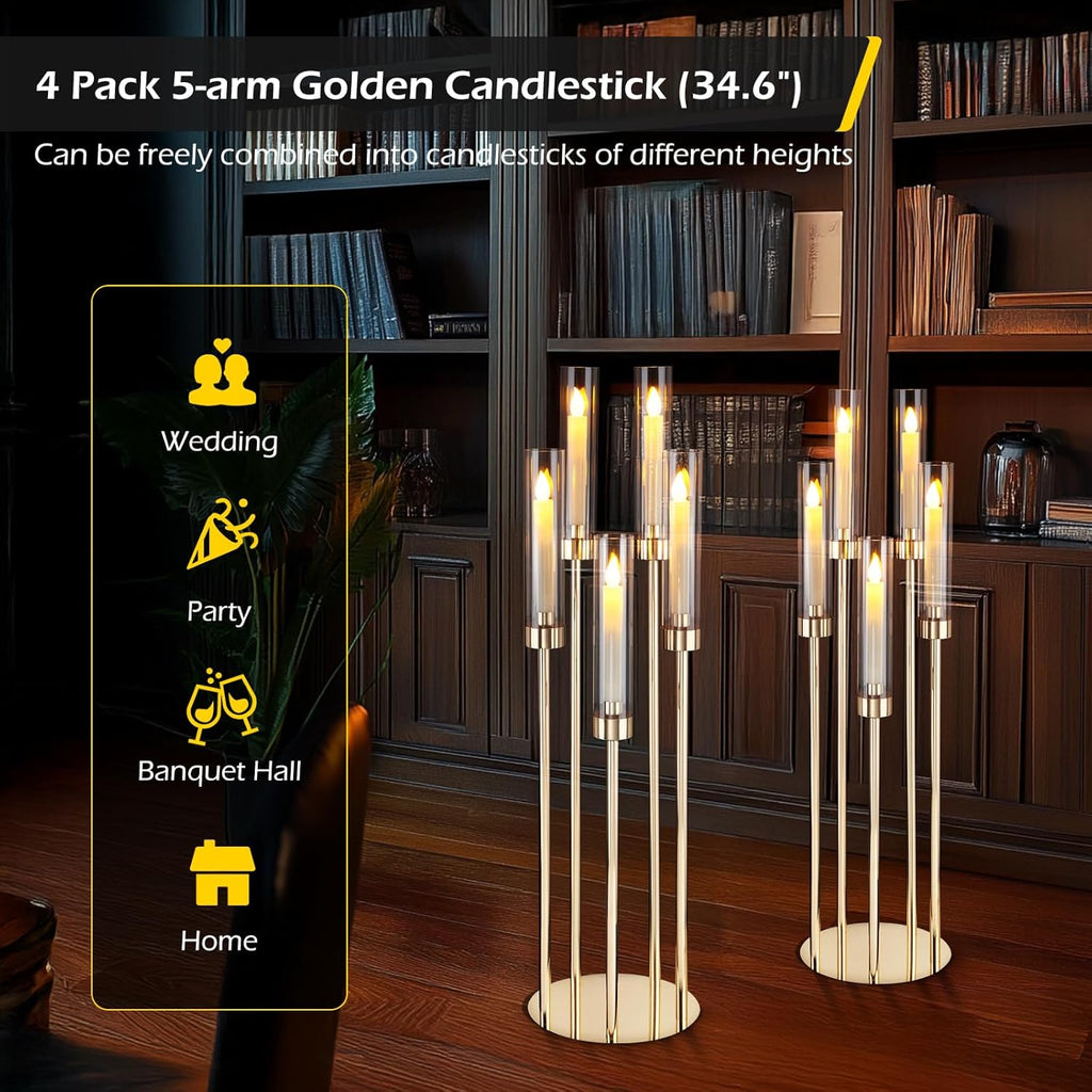 Gold Candelabra 4 Set 34.6'' Tall Candelabras Centerpieces for Tables, 5 Arm Candle Holders Centerpiece with Acrylic