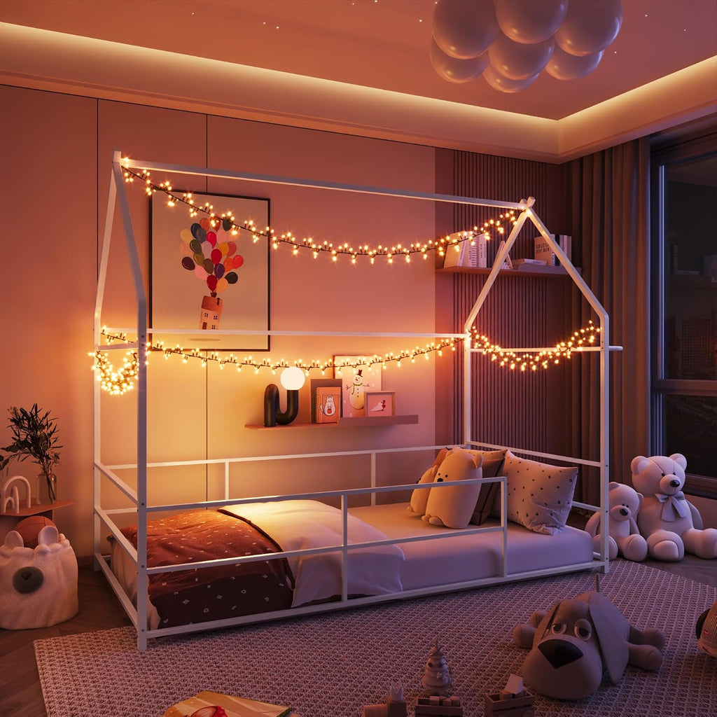 Twin Floor Bed Frame for Kids, Metal Low House Bed Montessori Bed with Guardrails & Built-in Clothing Rack, No Box