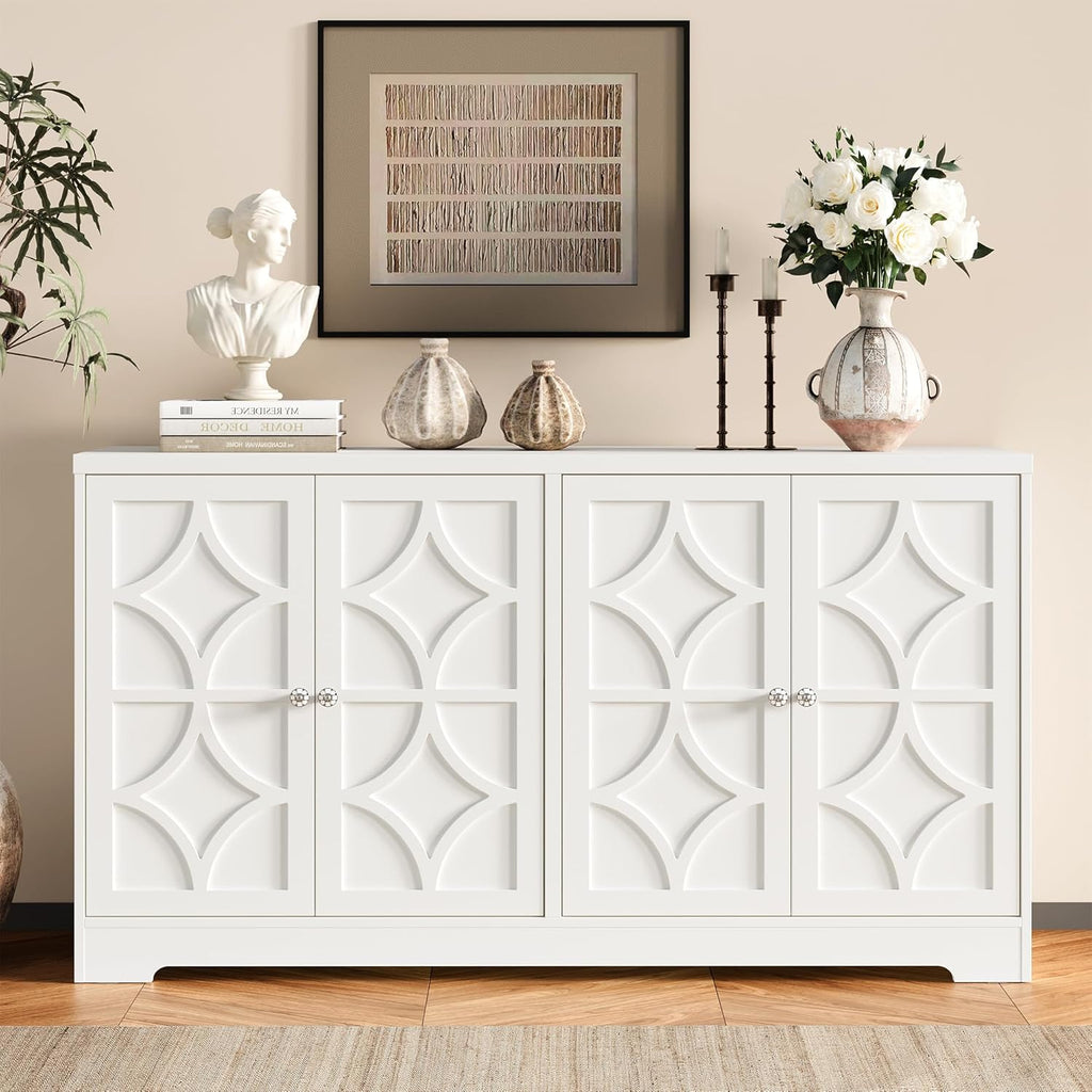 Sideboard Buffet Cabinet with Storage, 56" Modern Sideboard with 4 Carved Doors and Adjustable Shelves