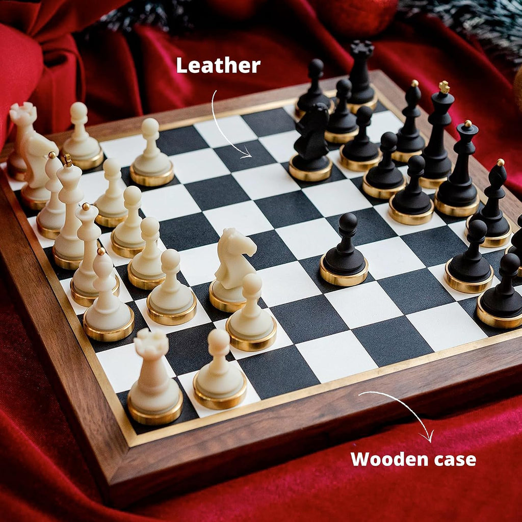 Luxury & Decorative Wooden Chess Set, Walnut Leather Chess Board with Weighted Chess Pieces, Unique Deluxe Wooden